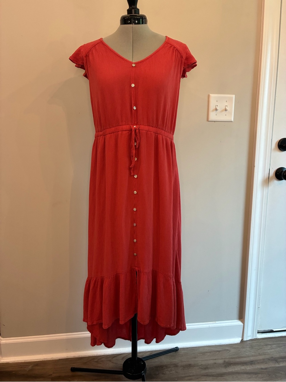 Women's Rust Red Button-Front Midi Dress with Tie Waist 0060